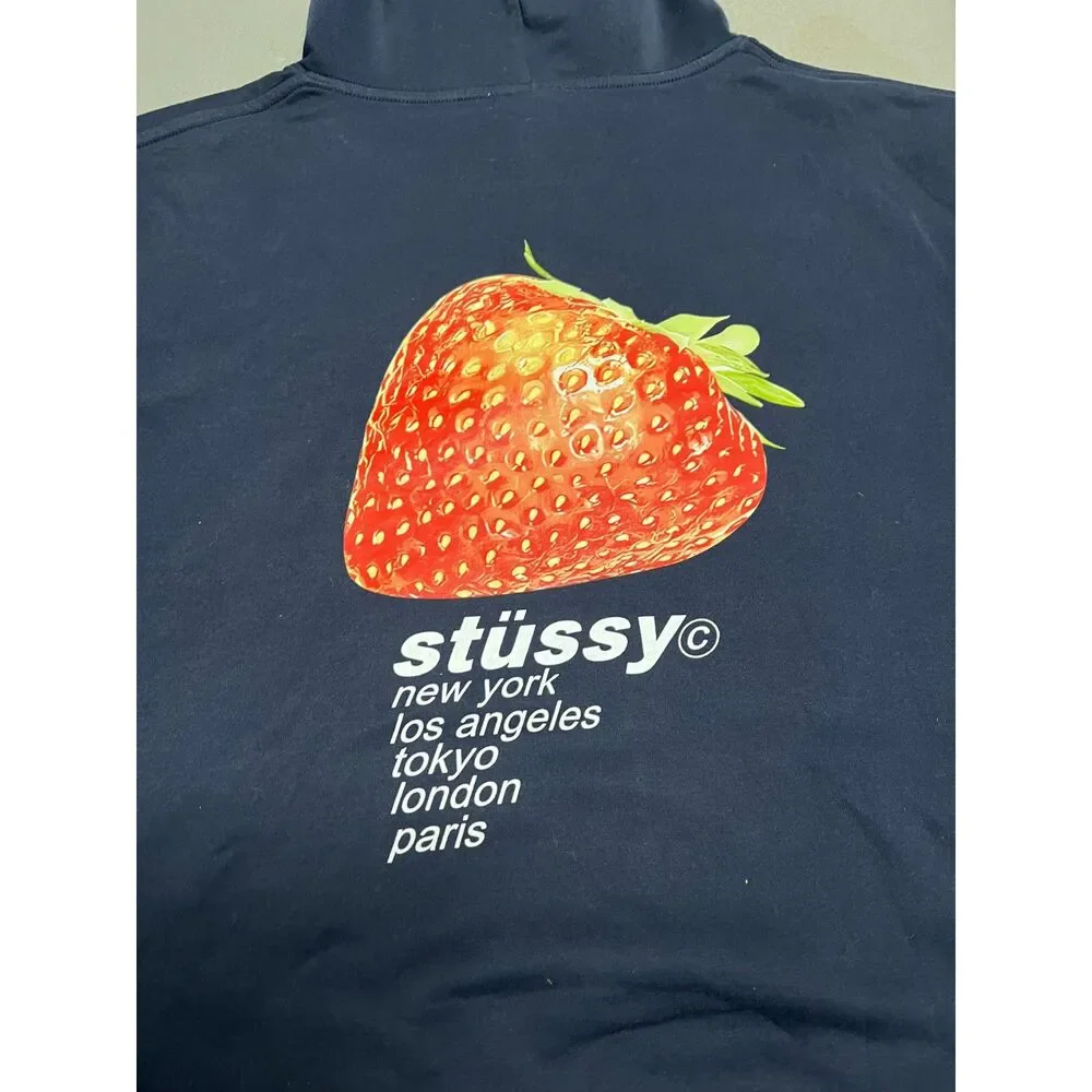 Stussy International Strawberry Double Sided Navy Hoodie Size Large - Picture 2 of 6
